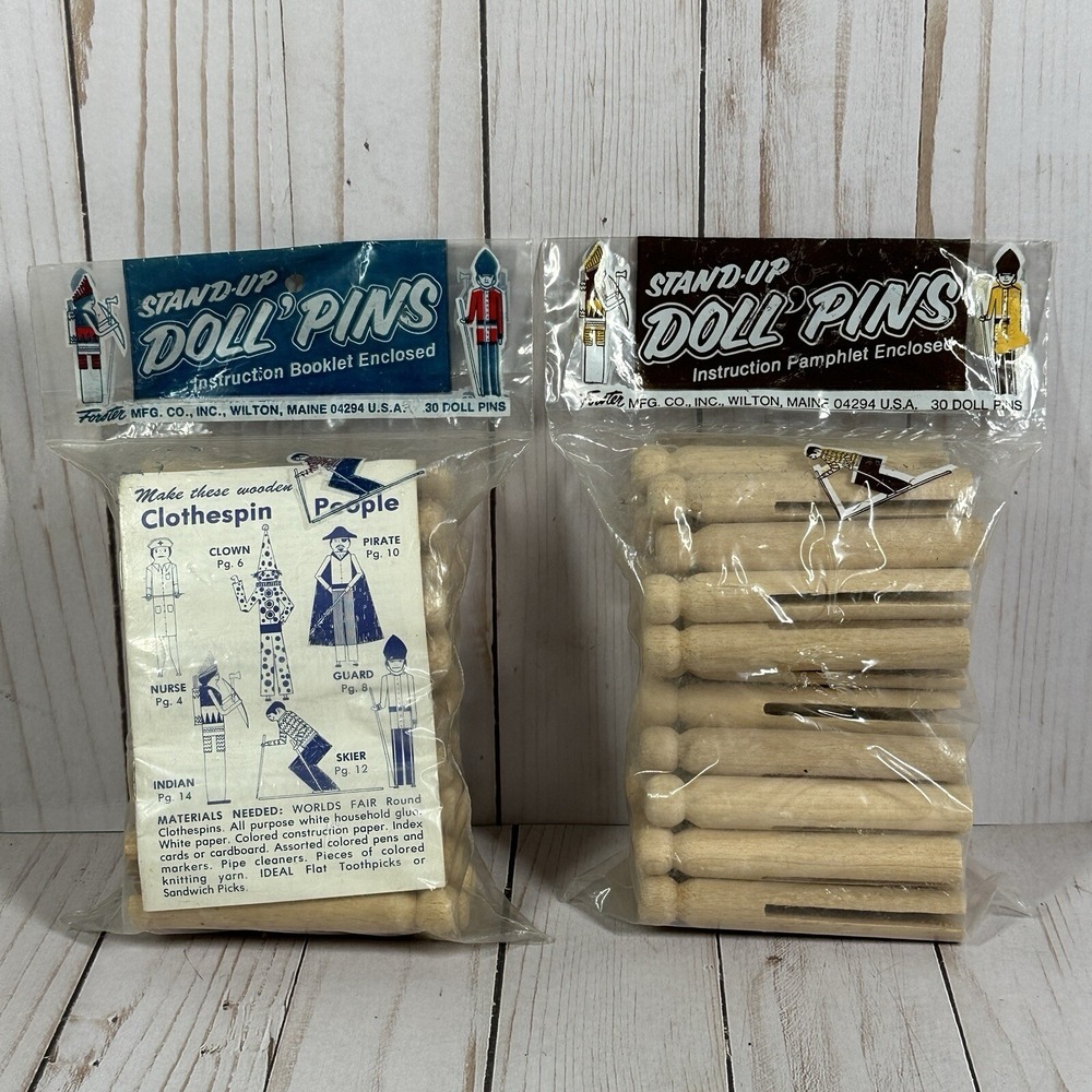 Vintage Stand-Up Doll Pins Forster Mfg. 30 Wood Pins Maine 2 Bag Lot